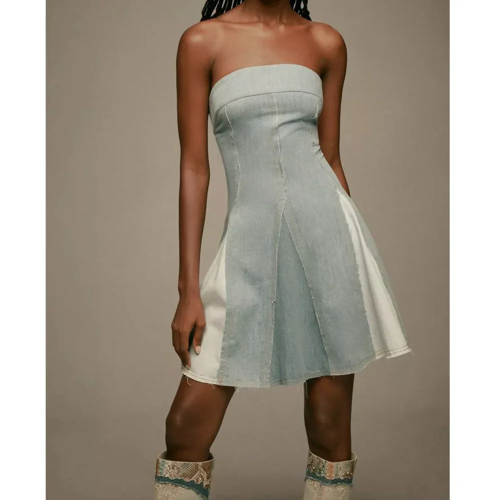 Anthropologie Pilcro Strapless Seamed Denim Mini Dress Light Blue Medium - Picture 2 of 10